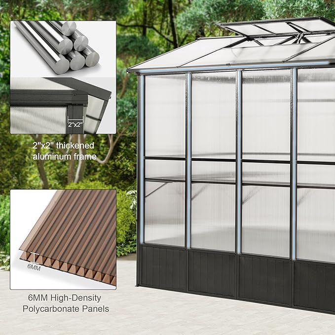 Domi 6.5x8FT Polycarbonate Greenhouse with Automatic Vent, Extra Tall 7.8FT Walk-in Aluminum Frame, Weather-Resistant Green House with Shelves & Hooks for Outdoor Garden, Backyard, Dark Grey