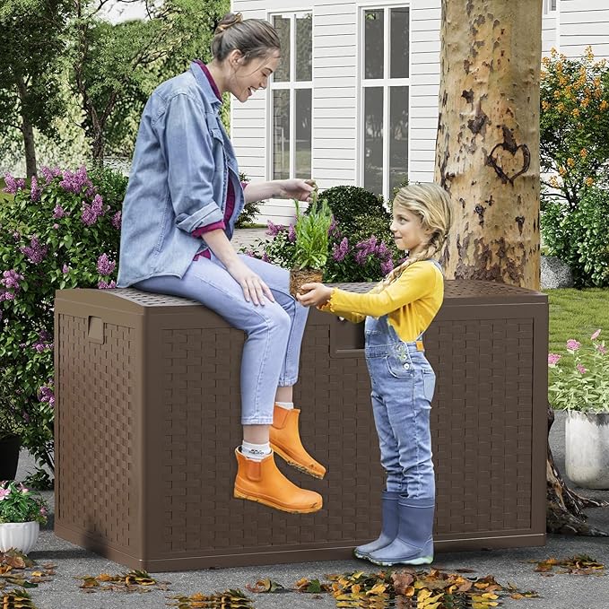 120 Gallon Outdoor Storage Box, Waterproof Deck Box, Lockable Storage Bin, Suitable for Patio Furniture, Pool Accessories, Gardening Tool, Rattan Brown
