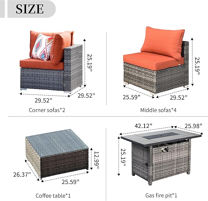 HOOOWOOO 8 Piece Patio Sectional Furniture Set with Fire Pit Table,Modern Wicker Outdoor Conversation Sofa Sets,Weather Resistant Modular L Shaped Outside Couch Set(Orange Red)