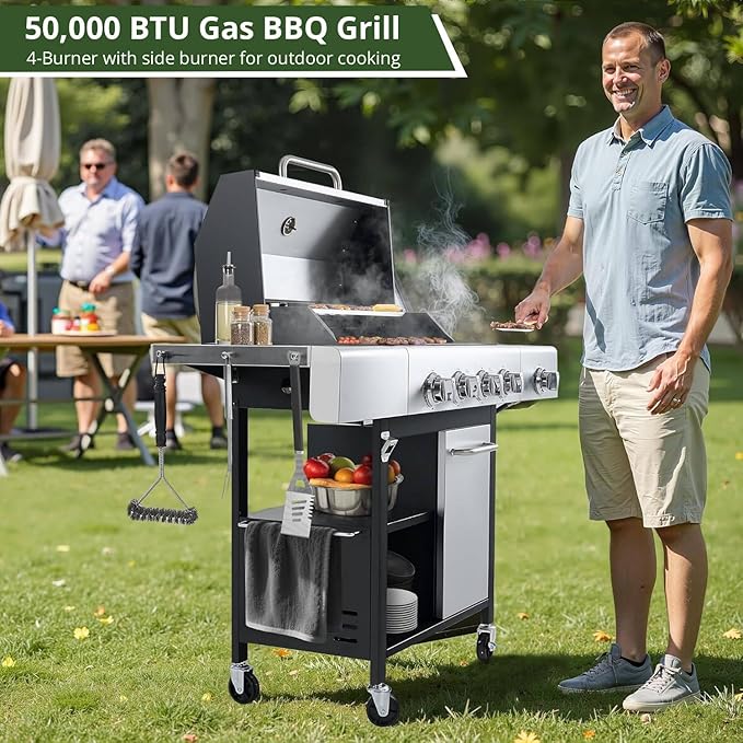 4-Burner Propane Gas BBQ Grill with Wheels, 40,000 BTU Output Stainless Steel Barbecue Grill for Backyard, Outdoor Cooking Easy Assembly, Foldable Side Tables & Spice Rack (Silver)