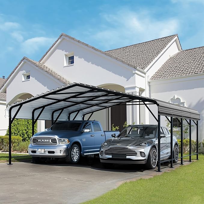 JAMFLY Carport, 20X20 FT Metal Carport, Heavy Duty Carport Canopy with Galvanized Steel Roof and Frame, Metal Carport Upgraded Extra Large Garage for Pickup, Boat, Car and Tractors