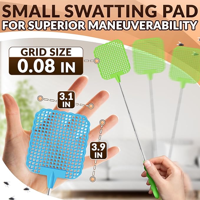 3 Pcs Fly Swatter for Indoors – 28.6" Telescoping Handle, Stainless Steel, Flexible Bug & Mosquitoes Fly Swatters, Bright Colors FlySwatter Heavy Duty for Kitchen & Home