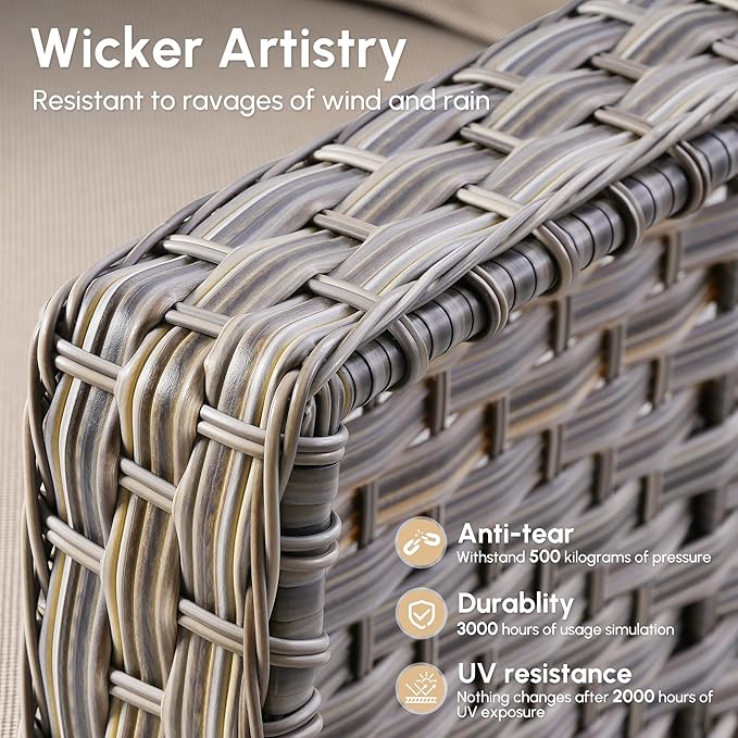 4 Pieces Patio Outdoor Furniture Set,All Weather Wicker Rattan Patio Seating Sofa and Chair Set w/ 3-Seater Sofa and Glowing Coffee Table,Outdoor Conversation Sets for Deck Yard Garden,Beige