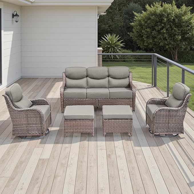 Wicker Outdoor Patio Furniture Set - 5 Piece Patio Conversation Sets with Swivel Rocker Chairs, Ottomans and Sofa, 6 inch Cushions, Waterproof Wicker, for Porch Deck Brown/Beige