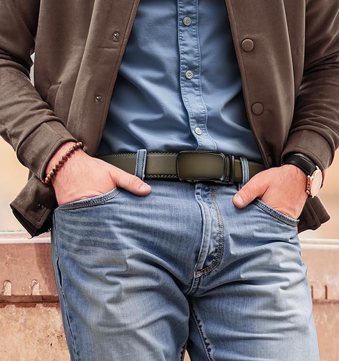 BULLIANT Men's Ratchet Belt 2 Pack-Click Leather Belt Adjustable for Men Gift 1 3/8-Cut for Perfect Fit