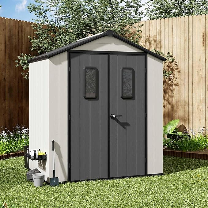 6' x 4' Outdoor Resin Storage Shed with Floor,Galvanized Metal Waterproof Garden Shed with Lockable Door, Windows, Vents, Plastic Tool, Bike Storage for Patio Furniture, Lawn Mower