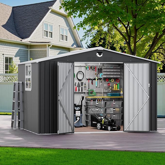 10x8 FT Outdoor Storage Shed, Metal Garden Shed - Tool Storage Sheds with Lockable Doors & 1 Clear Window, Waterproof Outside Storage Building for Backyard, Patio (Black; Floor Not Included)