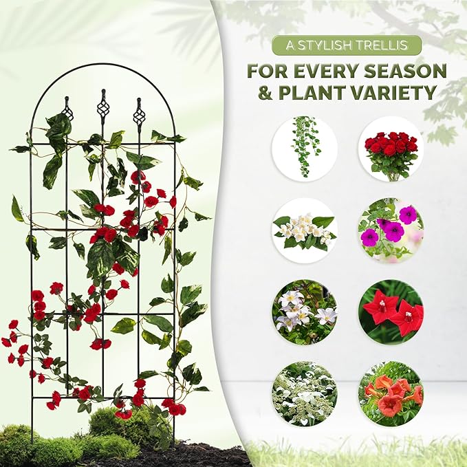 Idzo Decorative Metal Trellis for Climbing Plants Outdoor, Anti-Corrosion Powder Coated Garden Trellis, Sturdy Long Spikes, 48 Inch