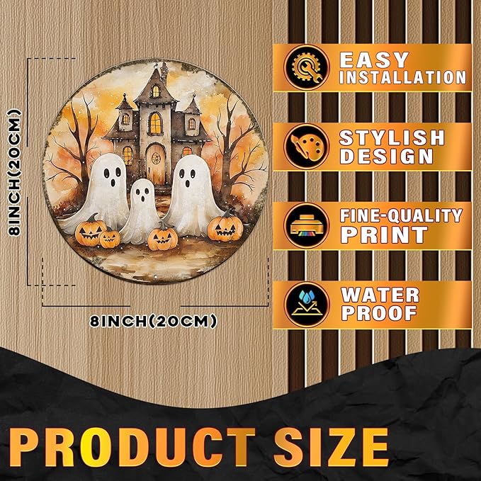 PEACHGARDEN Round Cute Ghost Halloween Vintage Sign Halloween Pumpkin Metal Tin Sign for Home Bar Kitchen Hotel Dining Room Coffee 8x8inch