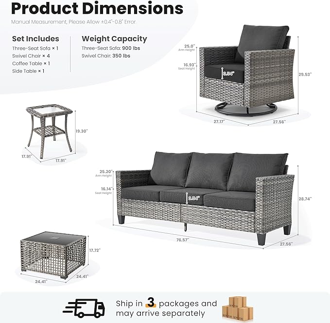 ovios 8 Pieces Patio Furniture Set with Swivel Chairs Rocking Gliders, Outdoor Sofa Couch with Solar Lights Table Comfy Cushions, Modern Deep Seat Wicker Rattan Conversation Set, Black