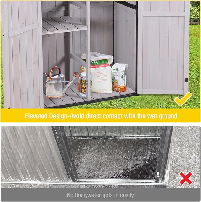 Outdoor Storage Shed,Vertical Wooden Tool Shed with Waterproof Roof,Adjustable 3 Tiers Shelves,Storage Tool Cabinet Box with Metal Frame Sloped Roof for Backyard Garden Patio Lawn (Off White)