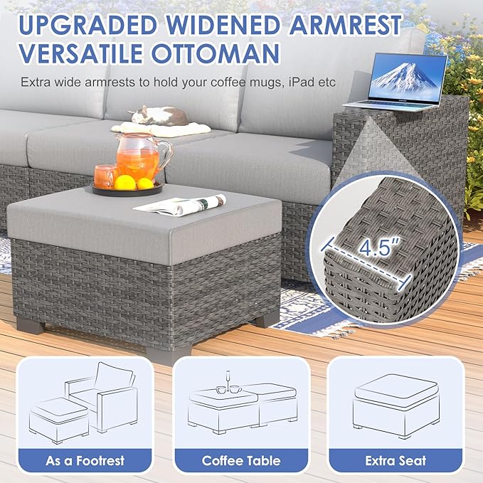 ABCASA Patio Furniture Set with Fire Pit Table, 44" 60,000 BTU Flame Comfortable 8 Piece Wicker Rattan Outdoor Furniture Set with Propane Fire Pit, Patio Conversation Sets for Porch,Deck,Poolside,Grey