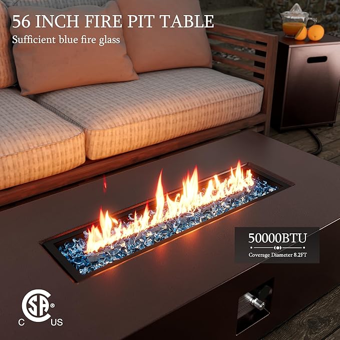 UPHA 56-inch Outdoor Propane Gas Fire Pit Table 50000 BTU Iron Rectangle Firepit for Outside Patio with Tank Hidden Table, Removable Lid, Blue Glass Rocks, Rain Cover, Brown