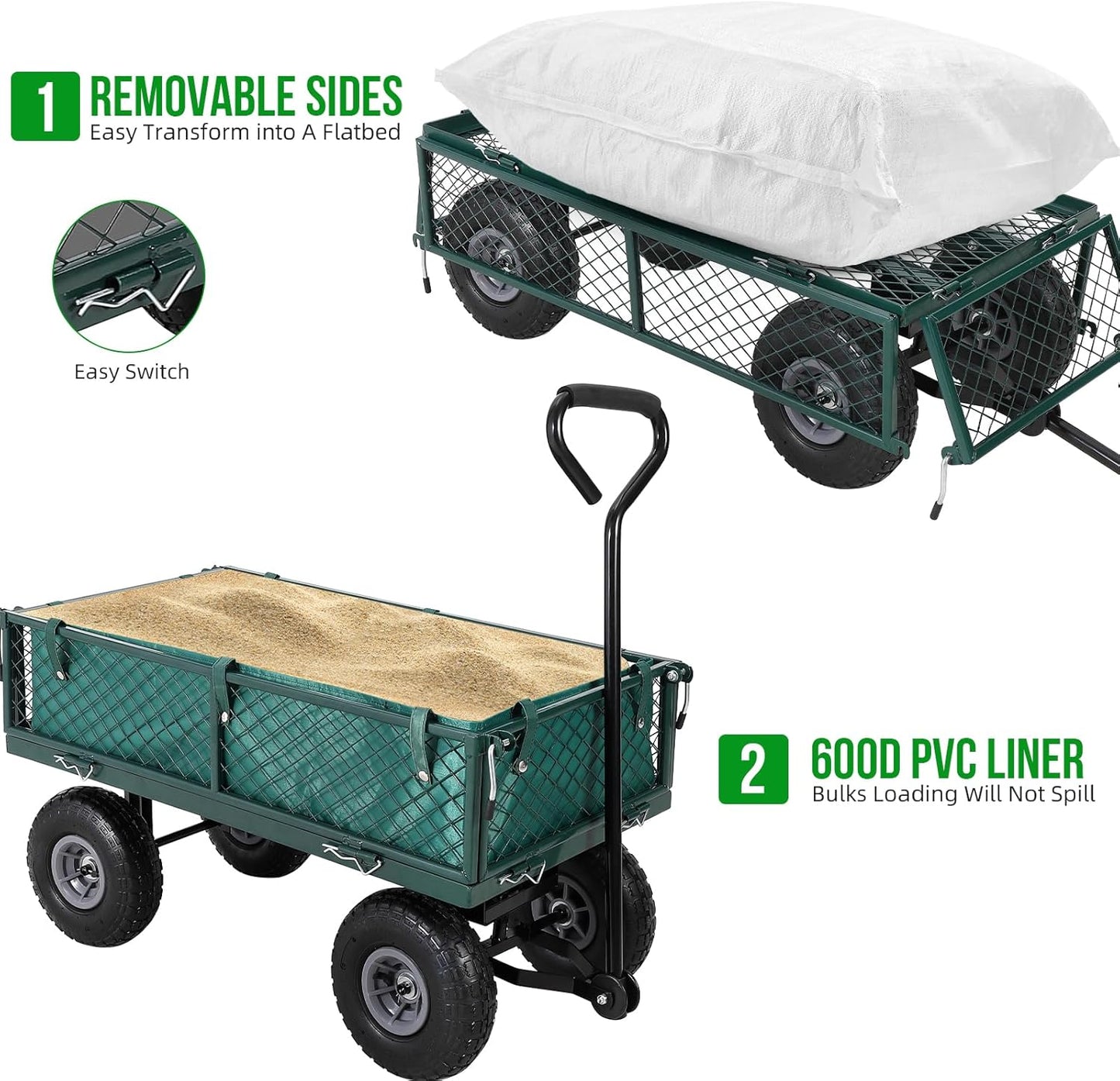 Heavy Duty Steel Garden Cart Folding Utility Wagon with Removable Cart Liner, 500 Lbs Capacity