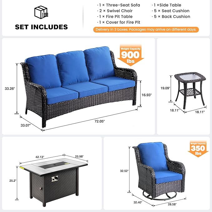 ovios 5 Pieces Patio Furniture Set, Outdoor Wicker Sofa Couch with Swivel Chairs 42" Fire Pit Table, All Weather High Back Modern Conversation Sets, Brown Rattan, Navy Blue