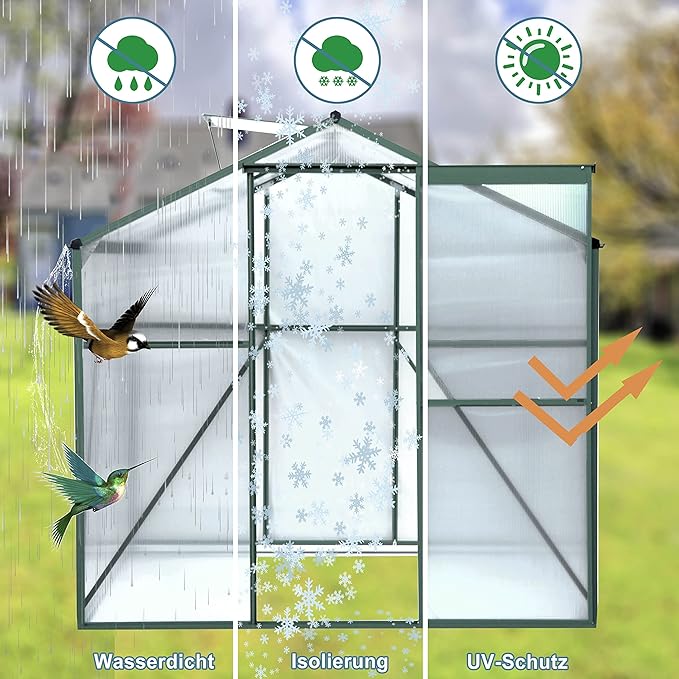8x6 FT Greenhouses for Outdoors, Outside Heavy Duty Walk in Green House for Garden Plants, UV Protection Adjustable Roof Vent, Thermostatic Waterproof and Insect Resistant, Green