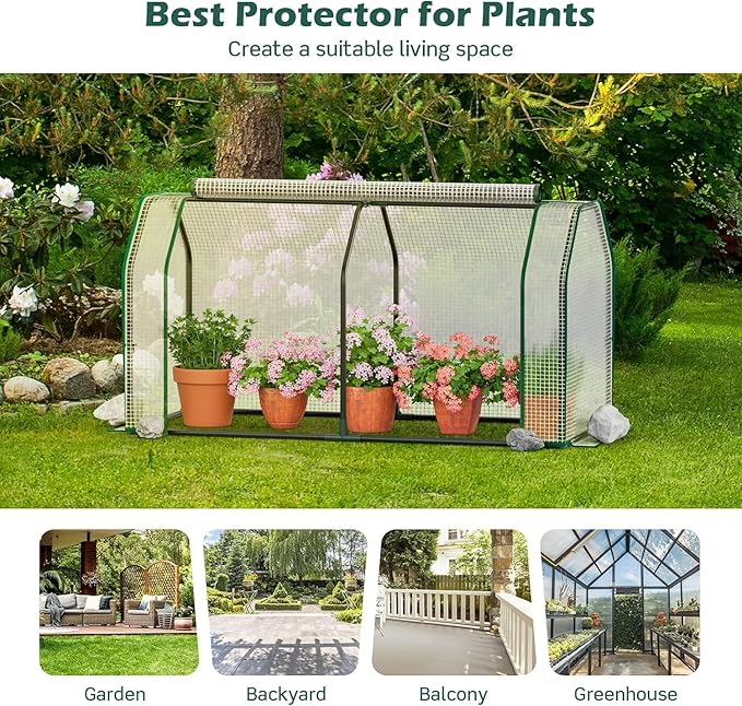 Happygrill Portable Mini Greenhouse w/Roll-up Zipper Door & All-Weather PE Cover, Outdoor & Indoor Greenhouse for Raised Garden Bed, Vegetables, Flowers, Patio, Lawn, Yard, Balcony