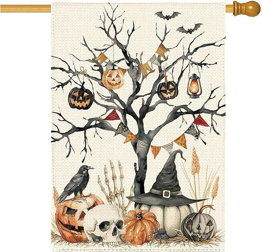 Halloween Black Tree Pumpkin Welcome Garden Flag 28 x 40 Inch Double Sided, Skull Crow Seasonal Burlap Large Yard House Flag Farmhouse Seasonal Holiday Patio Outdoor Outside Decoration
