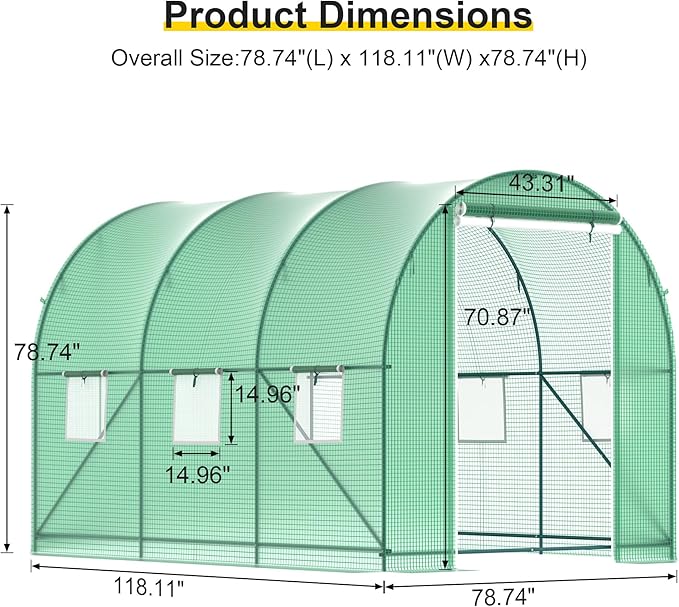 10x7x7 FT Walk-in Greenhouse for Outdoors for Winter Plant Protection,6-Ventilated Screen Window Portable Greenhouse W/ 2-Zipper Door,PE Cover & Heavy Duty Frame