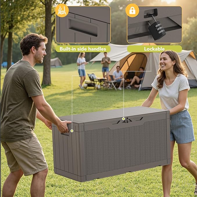 Greesum 100 Gallon Resin Deck Box Lockable Large Outdoor Storage Boxes for Garden Tools, Patio Furniture Cushions, Pool Supplies, Light Coffee