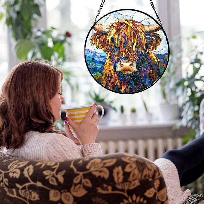 Stained Glass Window Hanging - Highland Cattle Suncatcher for Door Terrace Garden Home Decor Western Style Brown Cow Sun Catcher Birthday Gifts for Lovers Women Men Dad Mom Nana 11.8 in