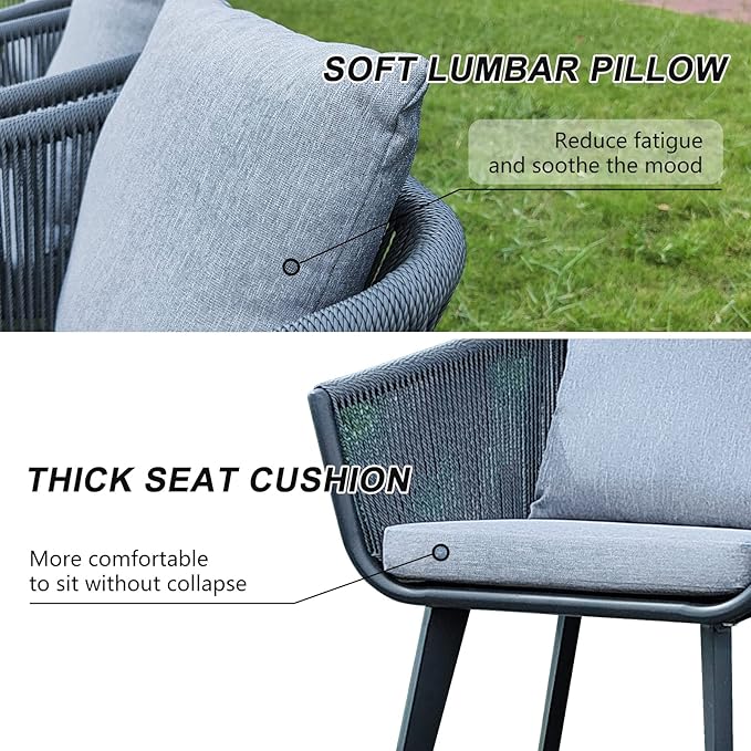 Indoor Outdoor Patio Dining Set - 7 Pieces All in One Patio Wicker Furniture Set, Table and Chairs Set with Cushions and Pillows, 6 Aluminum Frame Chairs and 1 Rectangle Table