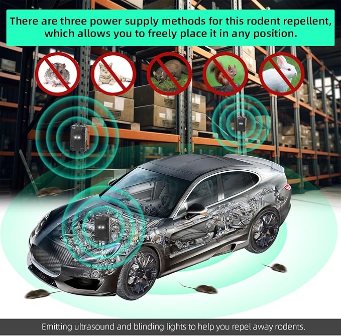 Car Rodent Repellent Under Hood Rodent Repeller Ultrasonic Battery Operated Rat Deterrent for Car Engine Mouse Deterrent,Rat Repellent for Car,Keep Rodents Mice Out of Barn Garage (4)