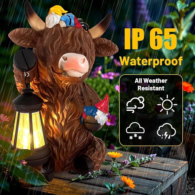 Solar Highland Cow Gnome Garden Decor Statue with Solars Lights, Funny Garden Statues Highland Cows Gifts for Women Mom Gnome Figurine for Yard Patio Lawn Home Ornaments