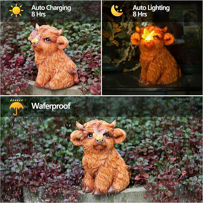 Highland Cow Solar Powered Outdoor Garden Statue, Resin Highland Cow Statue with Solar Light Lantern, Decorative Lawn, Yard Outdoor Highland Cow Decor. Unique Home Decorations, Gifts for Women