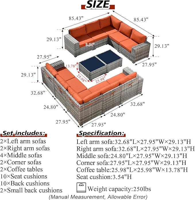 HOOOWOOO 12 Piece Modular Patio Outdoor Sectional Furniture Sofa Set,Wicker Conversation Set,Out Door Couch Set with Wide Arm for Outside All Weather(Orange Red)