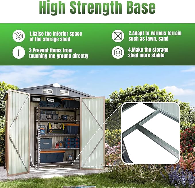 Aoxun 6'x4' Outdoor Metal Storage Shed with Lockable Door- Ideal for Tools, Garden Equipment & Bikes, Perfect for Patio Placement(Base Included/Brown)