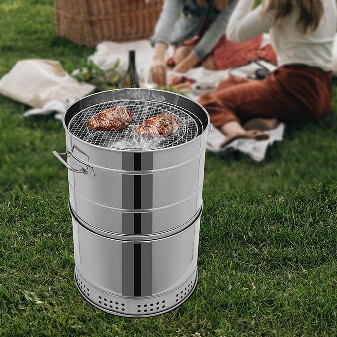 Portable Charcoal Grill, 360° Stainless Steel BBQ Barrel with Handle, Large BBQ Charcoal Grill Outdoor BBQ Grill for Picnic, Camping, Backyard Patio Cooking