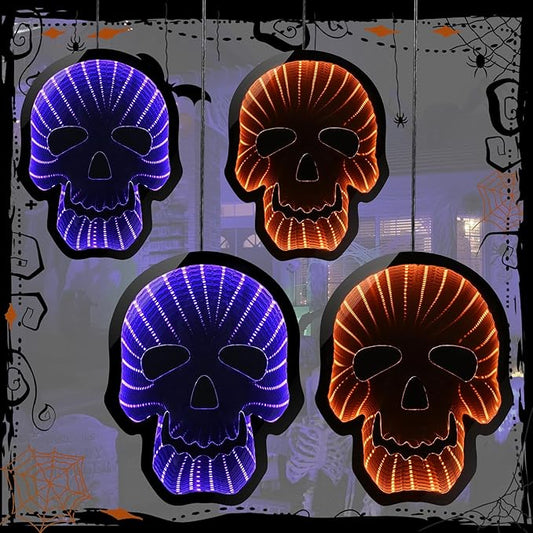 Halloween Décor 4 Skulls Infinity Lights with USB Powered, 10.42FT 3D Infinity Mirror String Skeleton Head Lights, Halloween Indoor Decorations for Window Outdoor Wall Party Room