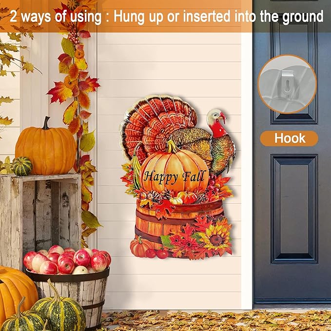Thanksgiving Turkey Decor,Metal Turkey Stake for Harvest with Pumpkin Sign Outdoor Decoration,Autumn Fall Yard Stakes for Outside