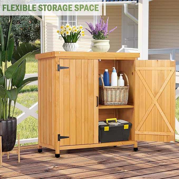 Outdoor Potting Bench with Metal Work Top,Waterproof Garden Storage Cabinet,Wooden Tool Station Shed for Backyard,Patio,Lawn Gardening