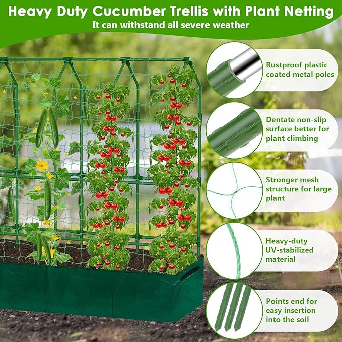 Large Cucumber Trellis for Climbing Plants with Grow Bag, 67"×65"×16.5" Metal Garden Trellis for Raised Bed with Garden Netting and Plant Clip Plant Ties for Vegetables, Squash, Pea, Grape, Tomato