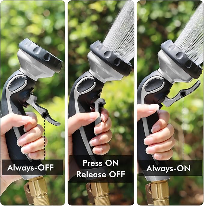 RESTMO Hose Nozzle with Easy Self-Lock Trigger, Heavy Duty Metal Water Hose Sprayer with 9 Spray Patterns and On/Off Valve, Ideal for Outdoor Lawn & Garden Watering, Car & Pet Washing, Silver
