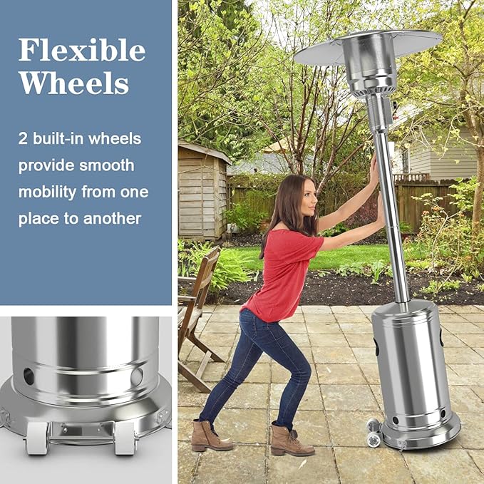 COSTWAY Outdoor Patio Heater, 50000 BTU Propane Heater with Stainless Steel Burner and Wheels, Triple Protection System, Standing Portable Outside Heater for Porch, Deck, Home and Commercial