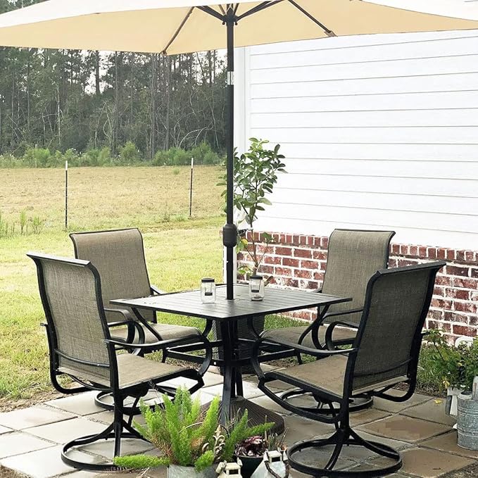 PHI VILLA 5 Piece Patio Dining Set Clearance with 4 Swivel Dining Chairs & 1 Square Metal Dining Table with 1.57 inches Hole, for Outdoor Kitchen Lawn & Garden Black Coated