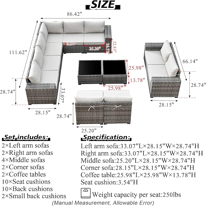 HOOOWOOO 12 Piece Modular Patio Outdoor Sectional Furniture Sofa Set,Wicker Conversation Set,Out Door Couch Set with Wide Arm for Outside All Weather(Beige)