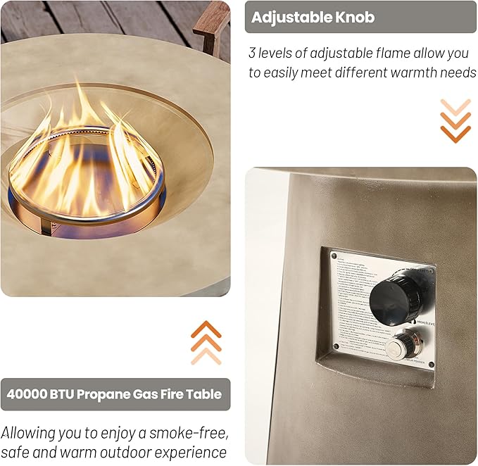 HOMPUS Outdoor Fire Pit Gray Propane Fire Table, 31-inch Round Propane Fire Pit, 40,000 BTU Gas Smokeless Fire Pit, Patio Concrete Fire Pit with Lava Rocks and Rain Cover for Garden, Deck, Backyard