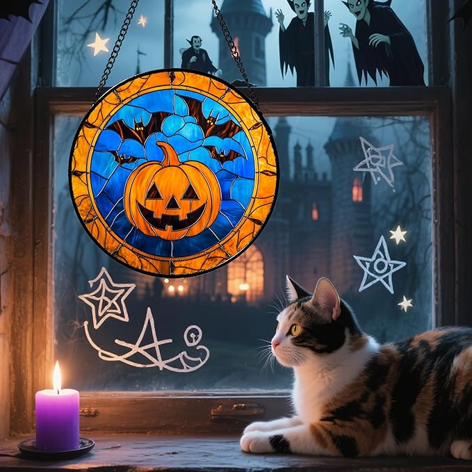 Stained Glass Window Hanging - Halloween Evil Pumpkin Suncatcher for Doors Window Garden Indoor Spooky Brown Bat Sun Catchers Gothic Decor Horror Gifts for Women Men Friend Boy Girl 15 in