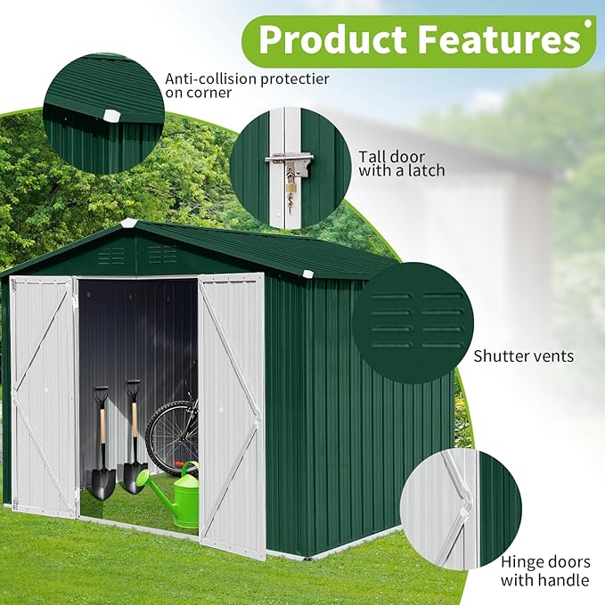 8FT x 6FT Outdoor Metal Storage Shed with Apex Roof - Heavy Duty Steel Garden Shed with Hinged Door & Built-in Vents, Includes Free Padlock for Secure Tool & Equipment Storage (Easy Assembly)