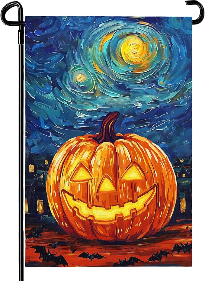 Halloween Garden Flag Pumpkin Van Gogh Arts Yard Flag Arts Starry Night Sky Moon Bat Double Sided House Banner Fall Oil Paintitng Porch Patio Lawn Farmhouse Outside Decor 12 x 18 Inch