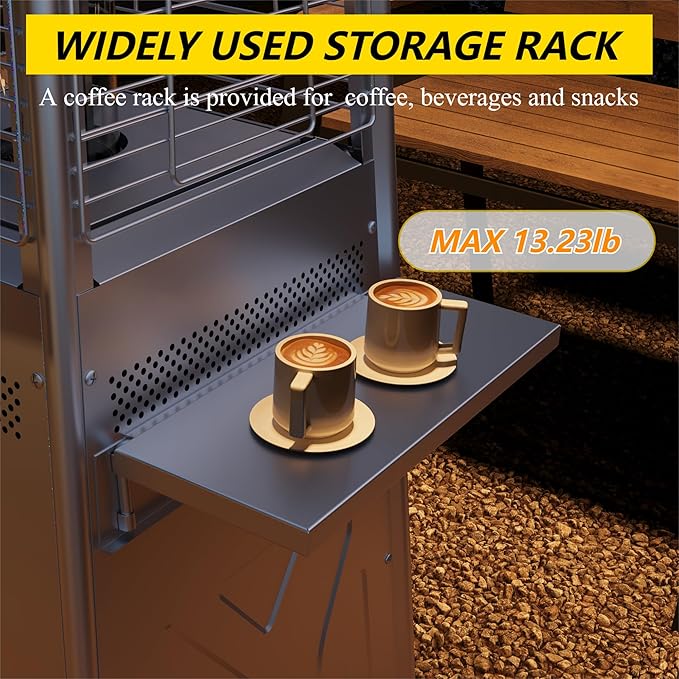 Stainless Steel 42000 BTU Outdoor Patio Gas Heater, Flame Glass Tube Fire Tower with Wheels & Beverage Rack, Safe Portable Heater for Patio Use