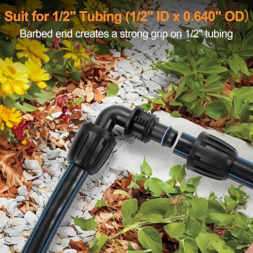 Drip Irrigation Elbow Fittings, 12 Pieces 1/2'' Dripline Locked Barbed Elbow Connectors for 1/2 Inch Irrigation Tubing (1/2" ID x 0.640" OD) 90 Degree Corner for Garden Sprinkler Systems