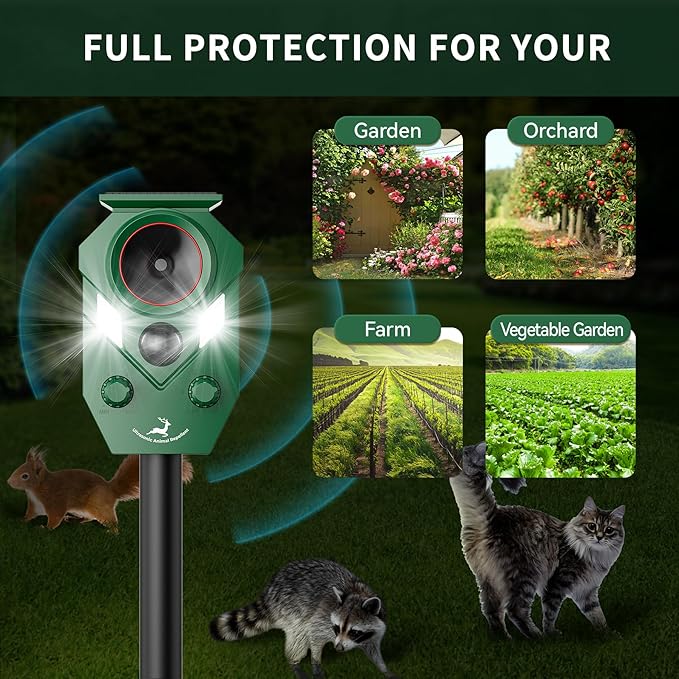 Ultrasonic Deer Repellent Outdoor, Solar-Powered Waterproof Animal Repellent Device for Yard, Garden, and PlantsEffective Repel Cat, Dog, Squirrel, Deer, Raccoon, Rabbit, and Skunk (4)