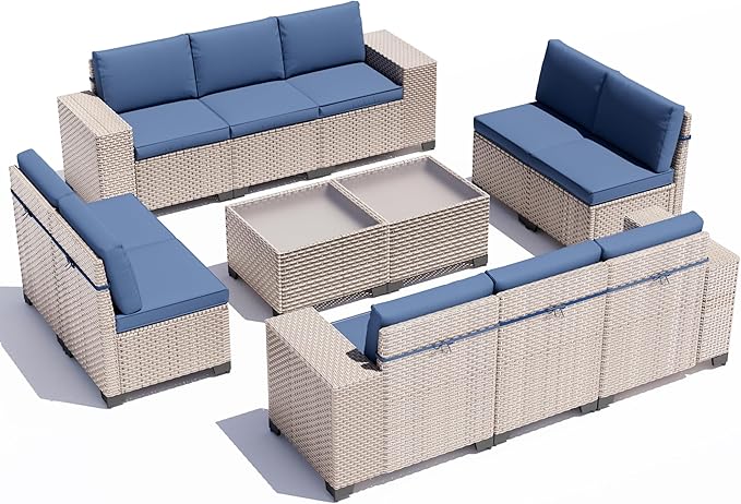12 Pieces Patio Furniture Set, Outdoor Sectional Wicker Sofa with Thickened Cushions and Coffee Table, High Back Rattan Patio Conversation Sets for Garden Backyard, Navy