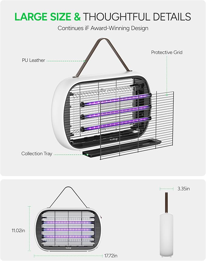 Buzbug Upgraded LED Bug Zapper Indoor, 10 Years Lifespan 3 Lamps Sustainable Less Power, 3800V Powerful Electric Mosquito Zapper, Durable Fly Trap Mosquito Trap, Fly Killer Fly Zapper -MA015PLUS