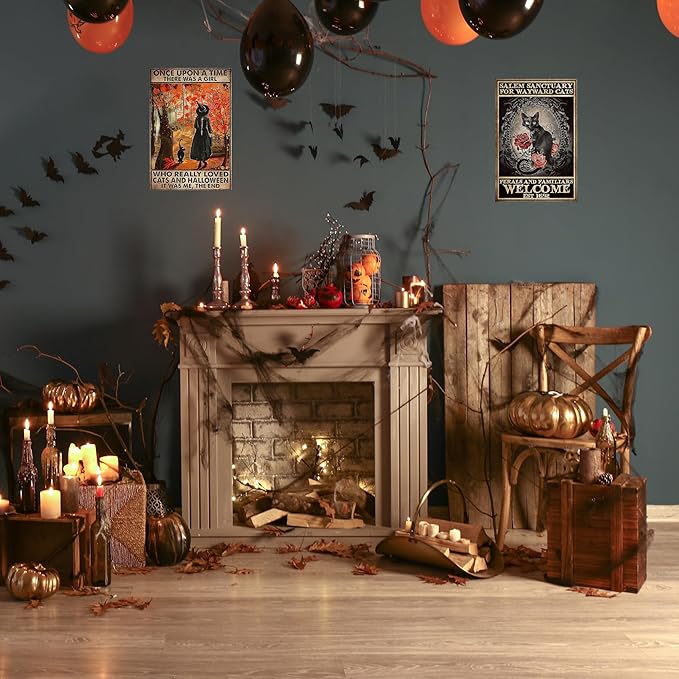 PAIION Salem Sanctuary For Wayward Cats Halloween Black Cat Halloween Decor Cat Lover Metal Signs Vintage Poster Home Bedroom Wall Art Gift 8x12 Inches